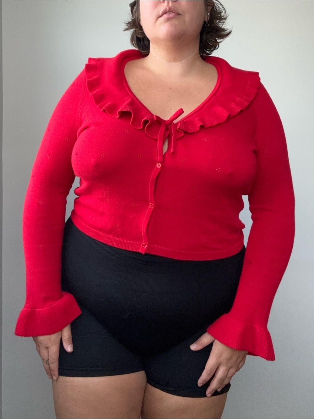 Red Ruffle-Trim Cardigan